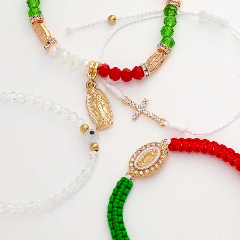 4 Pcs/Set Fashion Mexican Series Cross Virgin Mary Bracelets With Card, Red White Green Braided Bracelet Set For Women Jewelry