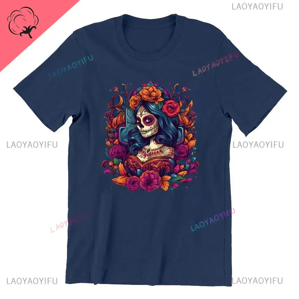 Sugar Skull T-Shirt La Catrina Girl with Purple Roses Dia De Los Muertos Sugar Skull Day of The Dead Tee Gifts for Men and Women