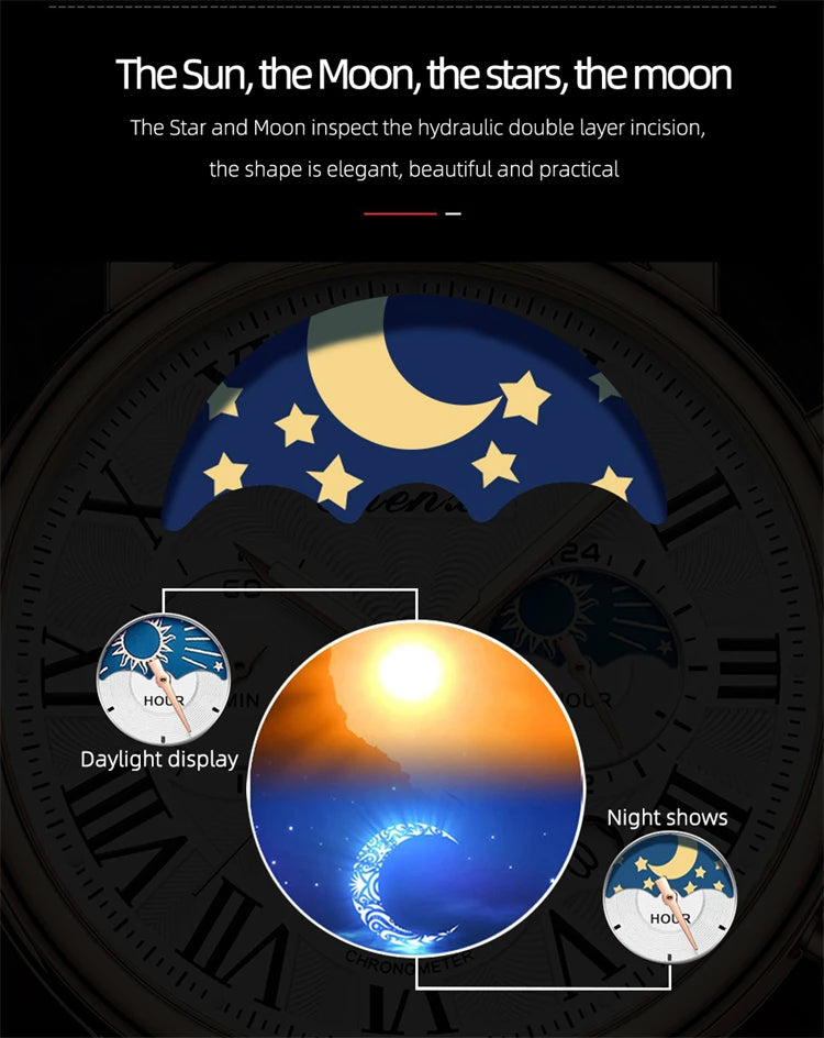 CHENXI 973 Quartz Watch Multi-function Business Moon Phase Date Waterproof Rome Analog Dial Leather Wrist Watch for Male