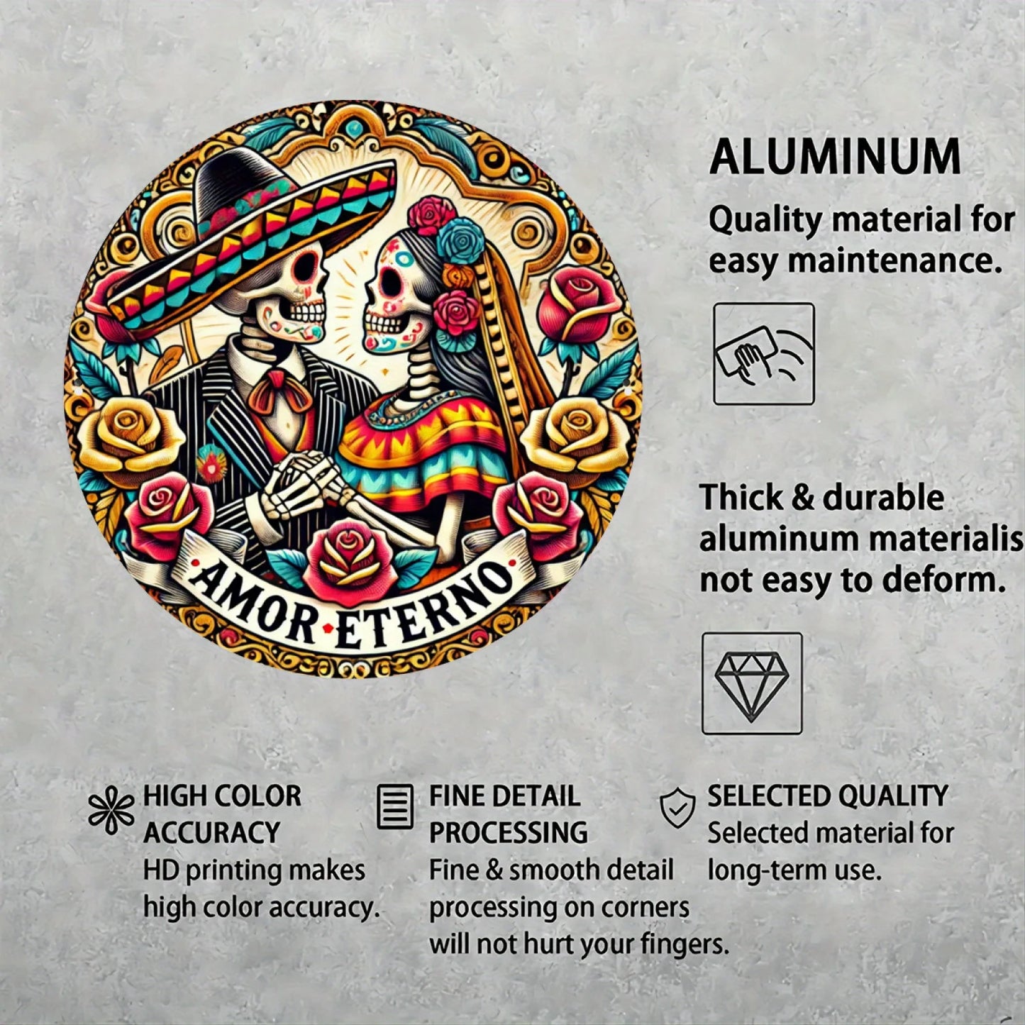Dia de los Muertos Aluminum Wall Art, Eternal Affection Skeleton Couple Wreath, Round Metal Sign Decor, Festive Engraving