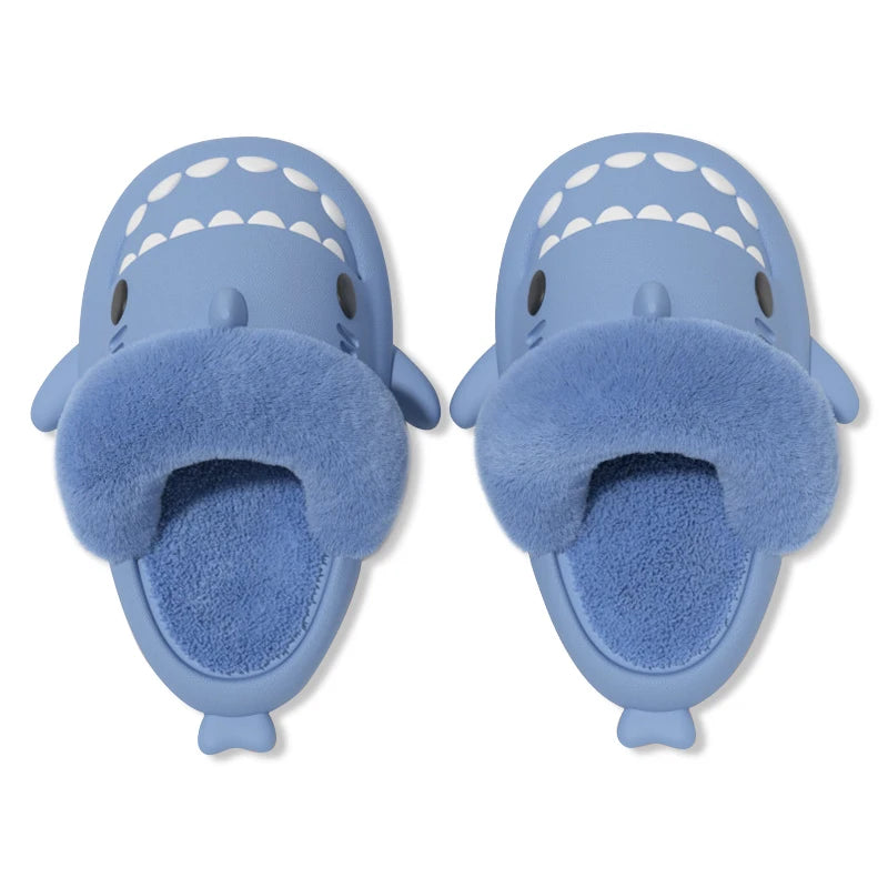 Comwarm Plush Shark Slippers For Women Men Winter Warm Cartoon Cotton Slippers Couple Non-Slip Waterproof Outdoor Home Shoes