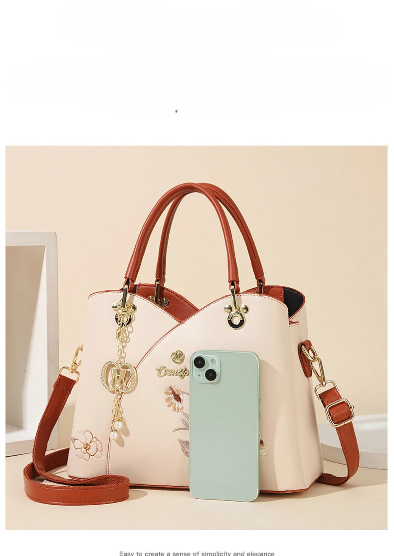 Mother's Day gift: a bag for mom，Carnation Embroidered Handbag，Beautiful tote bag for commuting，Lightweight, large-capacity thre