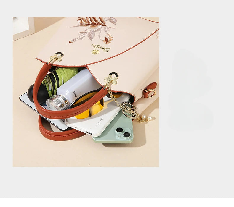 Mother's Day gift: a bag for mom，Carnation Embroidered Handbag，Beautiful tote bag for commuting，Lightweight, large-capacity thre