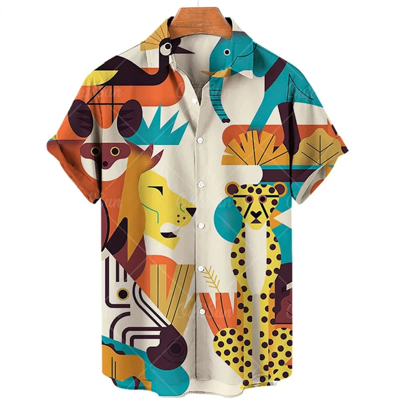Hawaiian Animal Pattern Vintage Casual T-Shirt For Men 3D Print Leopard Tiger Short-sleeved Shirts Holiday Party Harajuku Tops