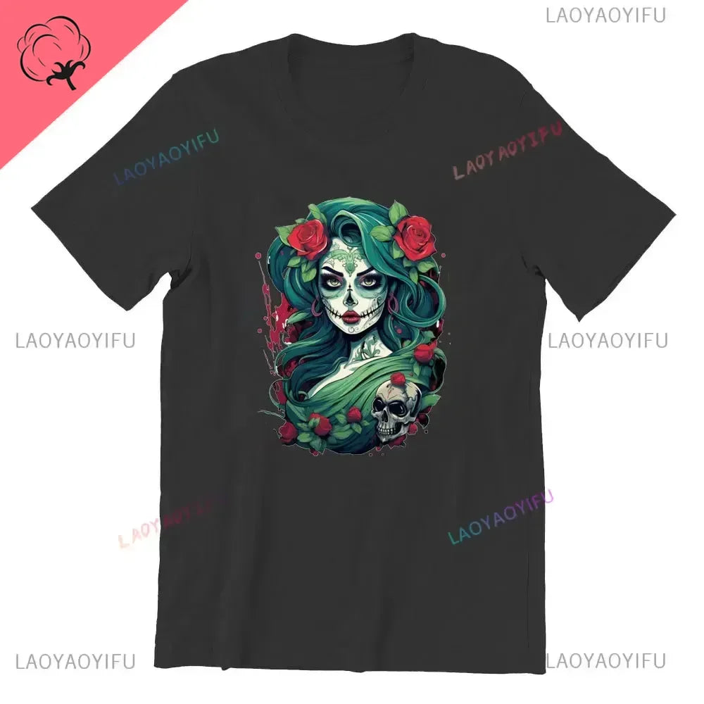 Sugar Skull T-Shirt La Catrina Girl with Purple Roses Dia De Los Muertos Sugar Skull Day of The Dead Tee Gifts for Men and Women