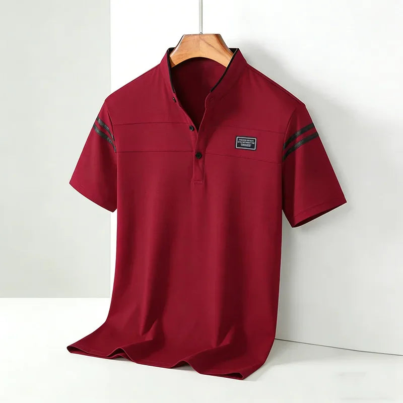 2026 Men's Mandarin Collar Polo Shirt Contrast Striped Short Sleeve Slim Fit Casual Daily Top