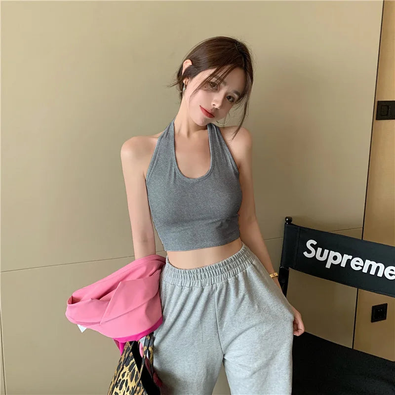 Women Sexy Cropped Crop Tanks Tops Chic Students Halter Club Holiday Party Slim Fit Shirts Summer Fashion High Street Camisole