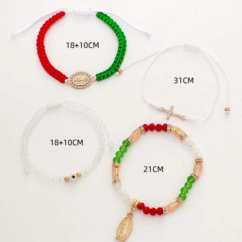 4 Pcs/Set Fashion Mexican Series Cross Virgin Mary Bracelets With Card, Red White Green Braided Bracelet Set For Women Jewelry