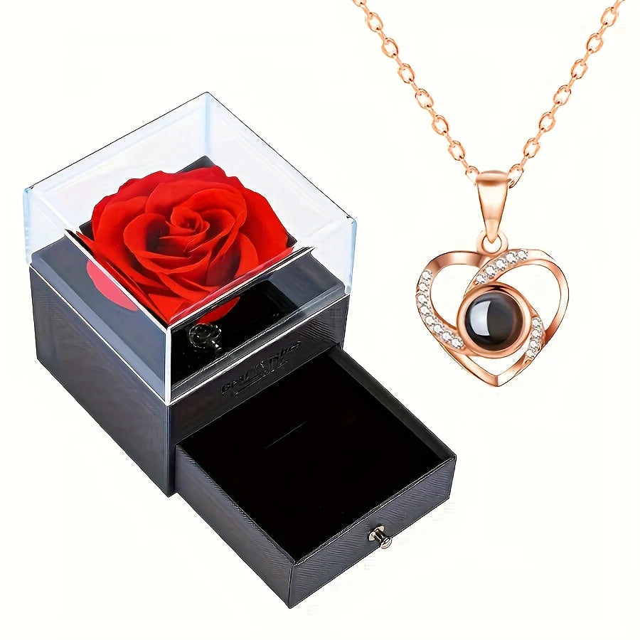 Mother's Day Gifts Projection Necklace with Luxury Rose Flower Gift Box 100 Languages I Love You Pendant Necklaces for Women