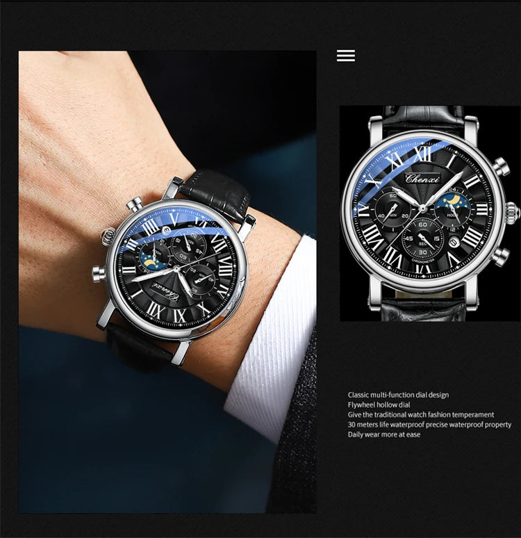 CHENXI 973 Quartz Watch Multi-function Business Moon Phase Date Waterproof Rome Analog Dial Leather Wrist Watch for Male
