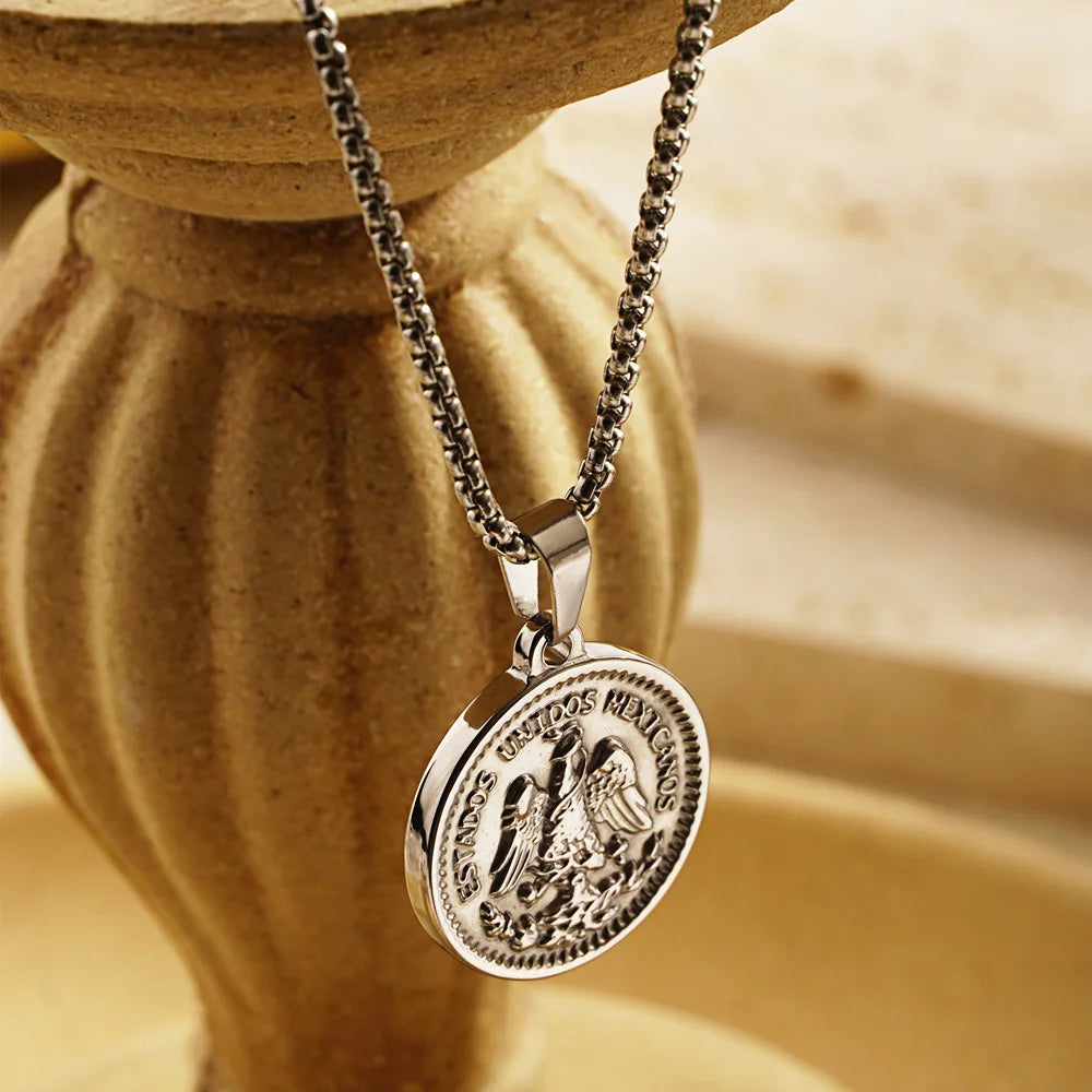 Men Women Round Mexican Coin Centenario Moneda 50 Pesos Pendant Necklace