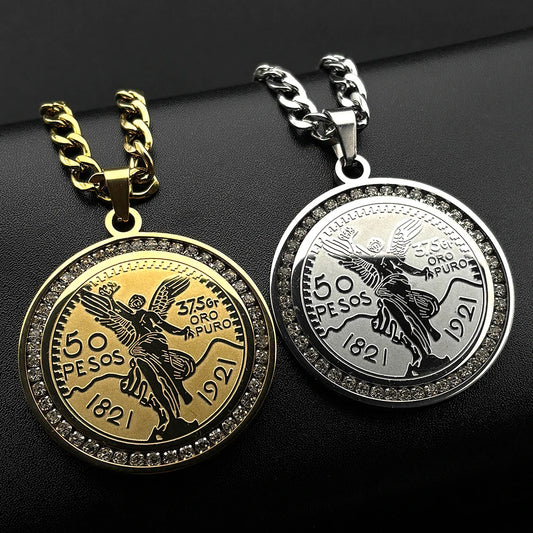 1921 Mexican 50 Pesos Coins Crystals Pendant Necklace for Men Women Stainless Steel Gold Color Winged Victory Chain Jewelry Gift