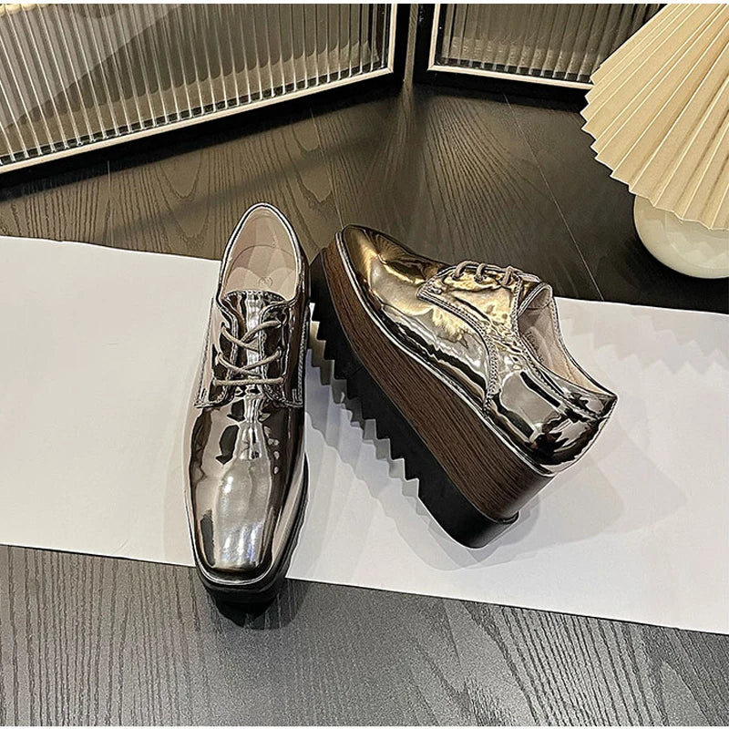 8cm Heeled Platform Wedge Shoes Fall High Heels Wedges Women Patent Leather Lace Up Square Toe Creepers Pumps Damen Luxus