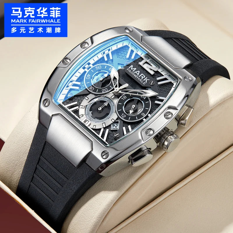 Mark Fairwhale Watches for Men 5950 Tonneau Dial New Quartz Wristwatches Sport Trend Luminous Chronograph Waterproof Mens Watch