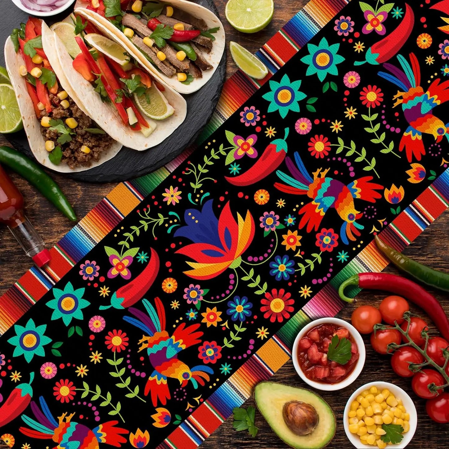 Mexican Fiesta Linen Table Runner Decorations Inco De Mayo Dia De Los Muertos Farmhouse Kitchen Dining Table Runner Party Decor