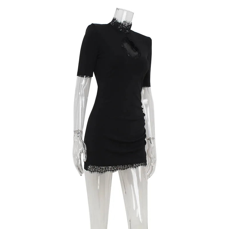 Tornova Sexy Hollow Lace Mini Dress For Women Fashion High Waist Short Sleeve Dress 2025 Autumn New Club Party Slim Black Dress