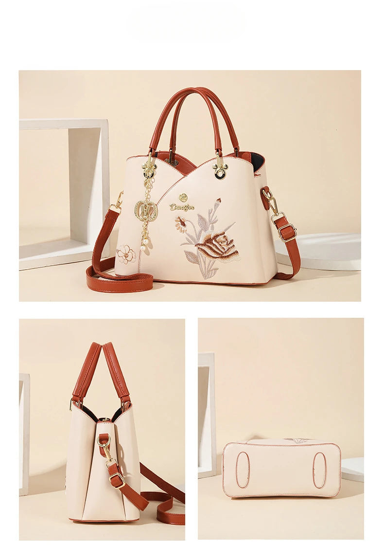 Mother's Day gift: a bag for mom，Carnation Embroidered Handbag，Beautiful tote bag for commuting，Lightweight, large-capacity thre
