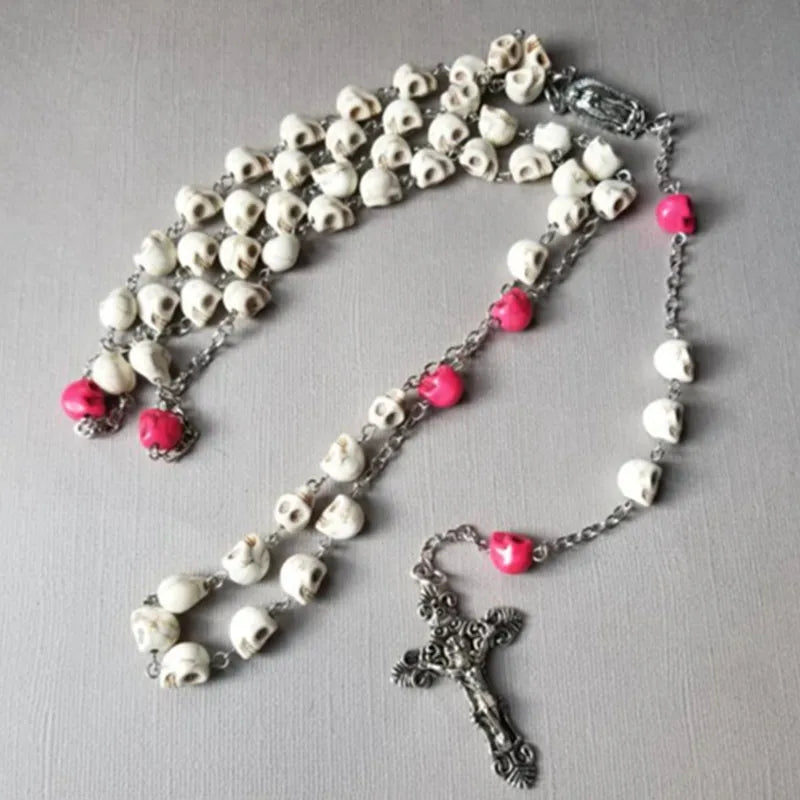 Dia de Los Muertos rosary, Howlite skulls, Guadalupe center, ornate crucifix, Catholic rosary, five decade rosary, stainless ste