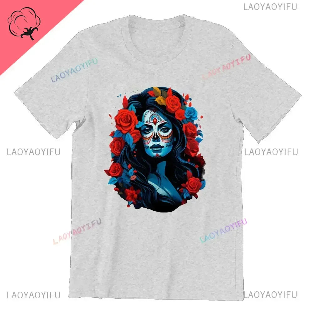 Sugar Skull T-Shirt La Catrina Girl with Purple Roses Dia De Los Muertos Sugar Skull Day of The Dead Tee Gifts for Men and Women