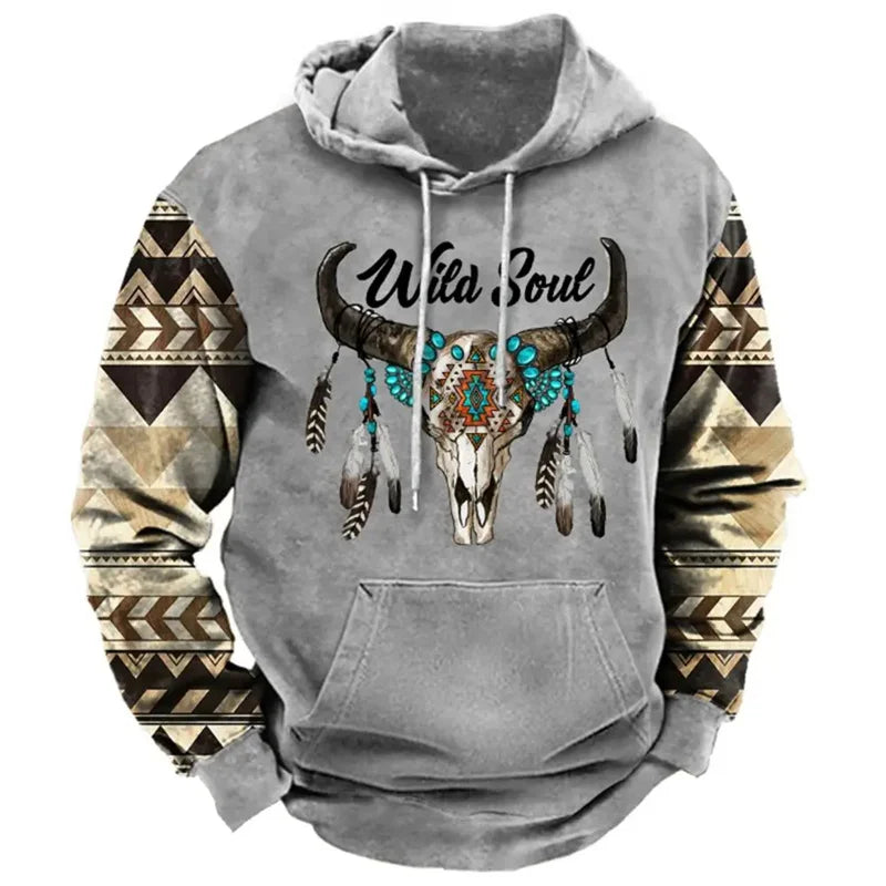 2026 Fall Vintage Print Hoodie Western Cowboy Hoodie Sweatshirt Everyday Casual Oversized Pullover Vintage Street Wear