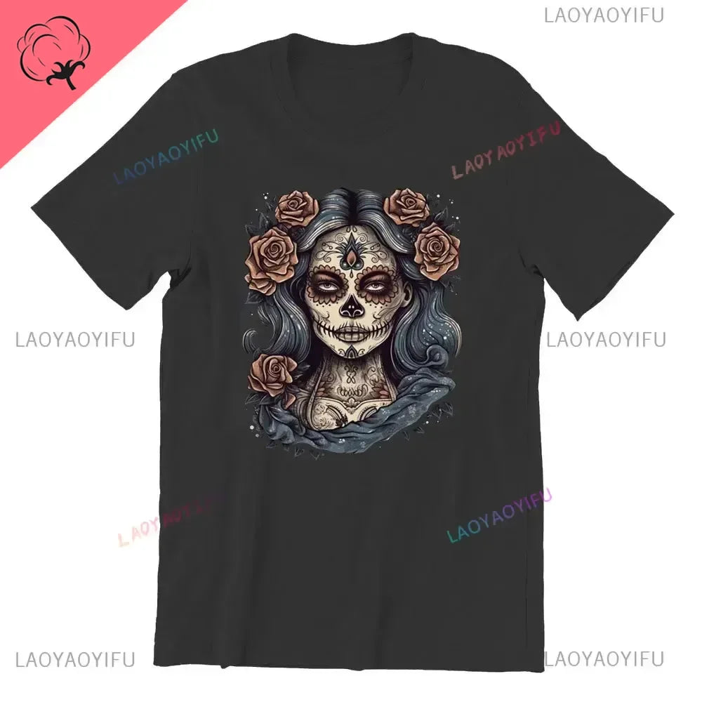 Sugar Skull T-Shirt La Catrina Girl with Purple Roses Dia De Los Muertos Sugar Skull Day of The Dead Tee Gifts for Men and Women