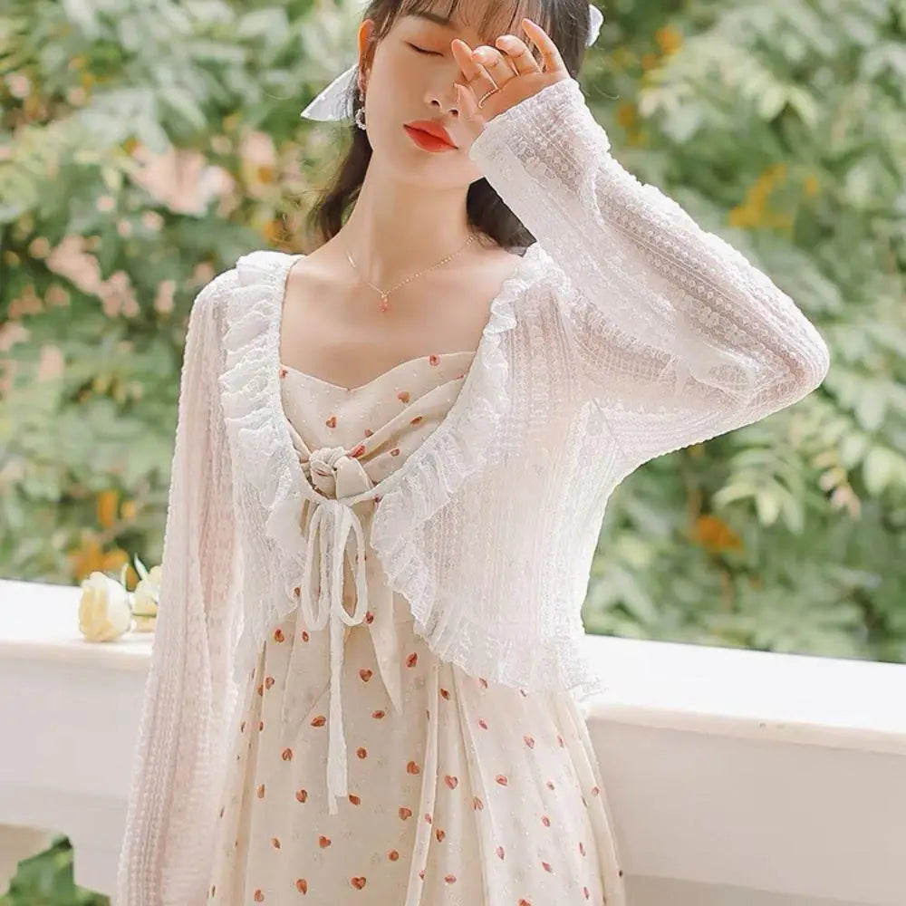 New Lace Ruffle Summer Sexy Long Sleeve Tops Girl's Sun Protection Clothing Women Crop Tops Lace Bow Ruffle Shirt Tops For Woman