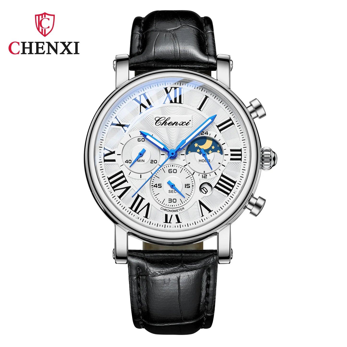 CHENXI 973 Quartz Watch Multi-function Business Moon Phase Date Waterproof Rome Analog Dial Leather Wrist Watch for Male