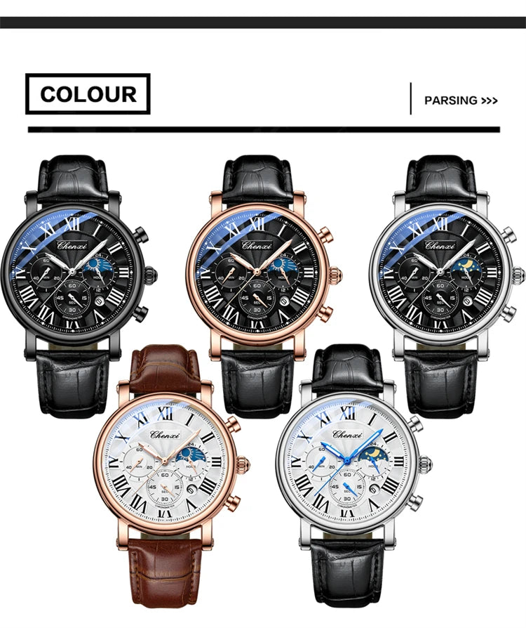 CHENXI 973 Quartz Watch Multi-function Business Moon Phase Date Waterproof Rome Analog Dial Leather Wrist Watch for Male