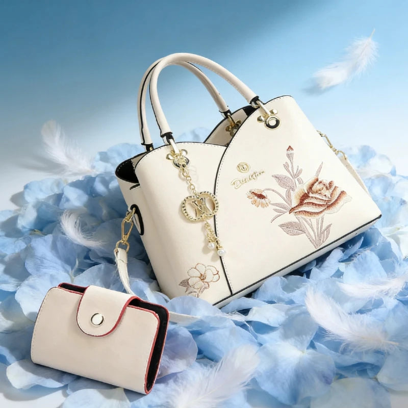 Mother's Day gift: a bag for mom，Carnation Embroidered Handbag，Beautiful tote bag for commuting，Lightweight, large-capacity thre