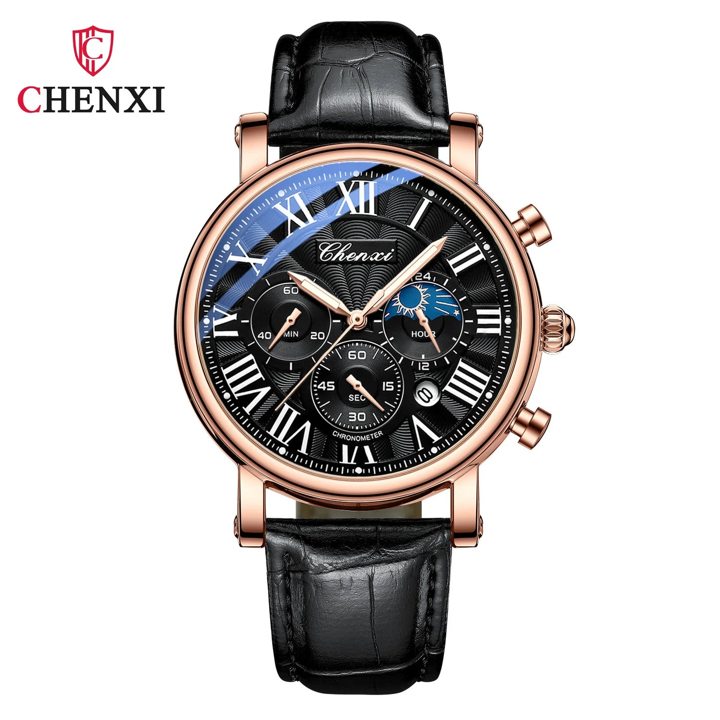 CHENXI 973 Quartz Watch Multi-function Business Moon Phase Date Waterproof Rome Analog Dial Leather Wrist Watch for Male