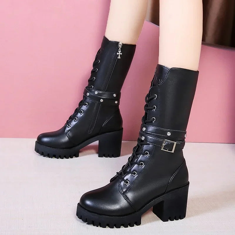 New Round Toe Square Heel Sexy Elegant Fashionable Women's Boots Comfortable Side Zipper Mid Heel Casual Fashion Women's Shoes