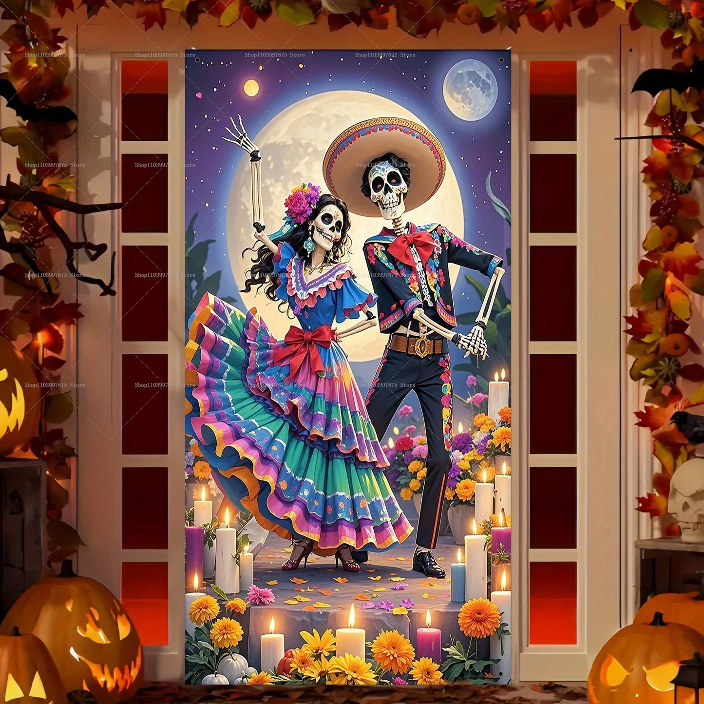 Day of The Dead Sugar Skull Flowers Backdrop Dia De Los Muertos Mexican Fiesta Door Banner for Indoor Outdoor Background Decor
