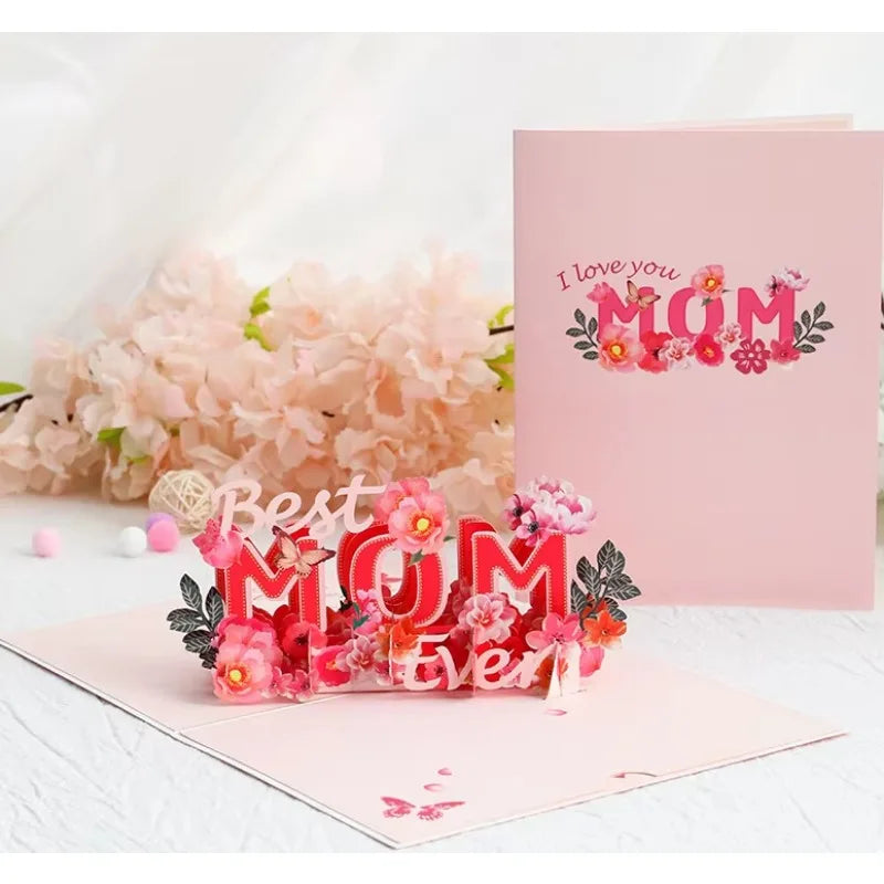 Mother's Day Red Flower 3D Greeting Card Paper Carving Thank You Card Student Sends Mother's Blessing Card Party Desktop Decor