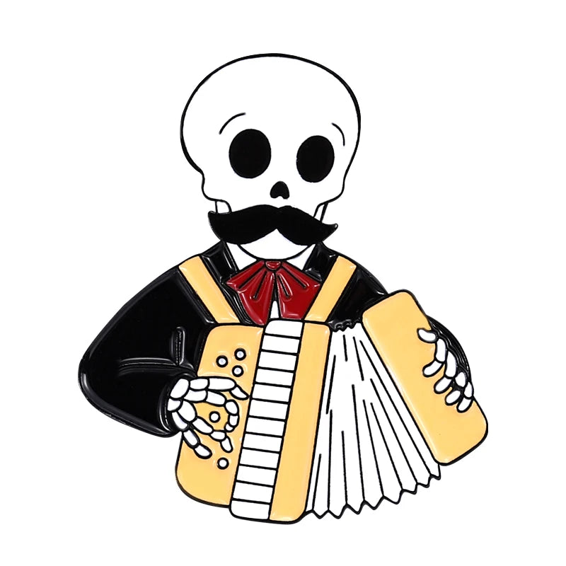 Mexican Concert Enamel Pins Custom Accordion Violin Harp Brooches Lapel Badges Gothic Performers Jewelry Gift for Friends