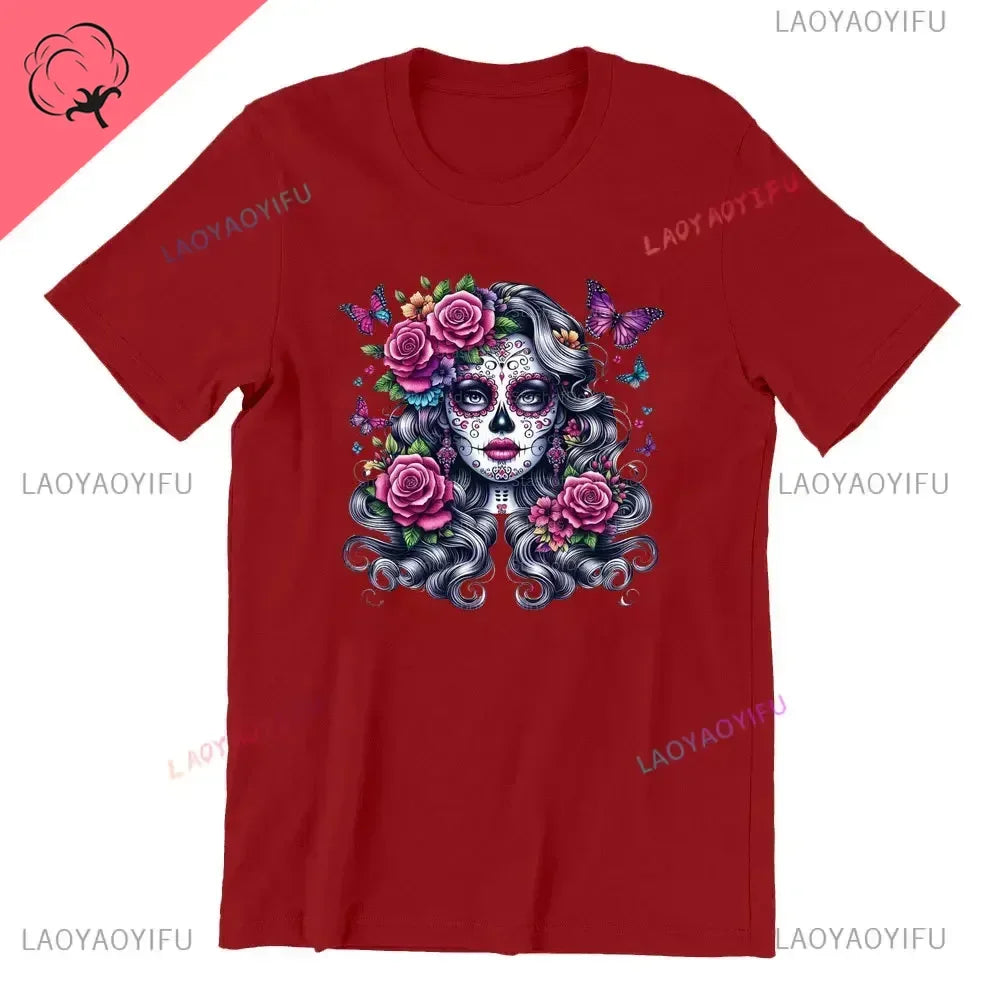 Sugar Skull T-Shirt La Catrina Girl with Purple Roses Dia De Los Muertos Sugar Skull Day of The Dead Tee Gifts for Men and Women