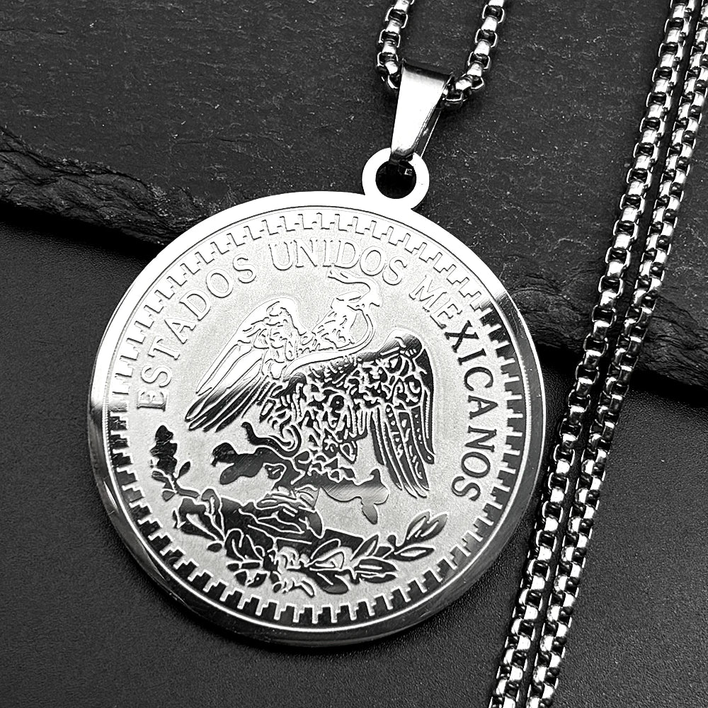 1921 Mexican 50 Pesos Rhinestones Pendant Necklace for Men Women Stainless Steel Gold Color Winged Victory Chain Amulet Jewelry