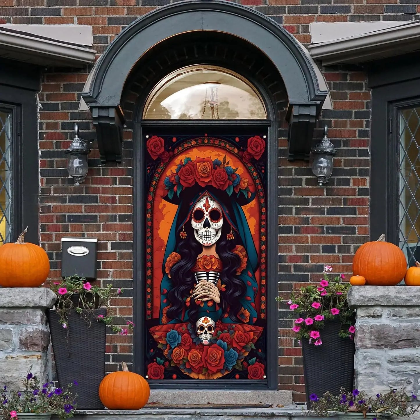 Day of The Dead Door Cover Dia De Los Muertos Backdrop Sugar Skull Rose Altar Mexican Fiesta Party Decorations and Supplies for