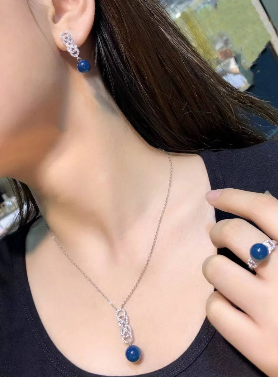 Certificated 925 Silver Natural Mexican Blue Amber Jewelry Set Luxury High Fashion Blue Bead Necklace/Drop Dangle Earring/Rings