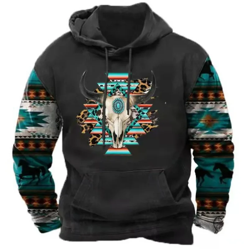 2026 Fall Vintage Print Hoodie Western Cowboy Hoodie Sweatshirt Everyday Casual Oversized Pullover Vintage Street Wear