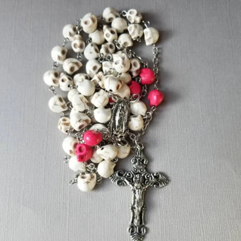 Dia de Los Muertos rosary, Howlite skulls, Guadalupe center, ornate crucifix, Catholic rosary, five decade rosary, stainless ste