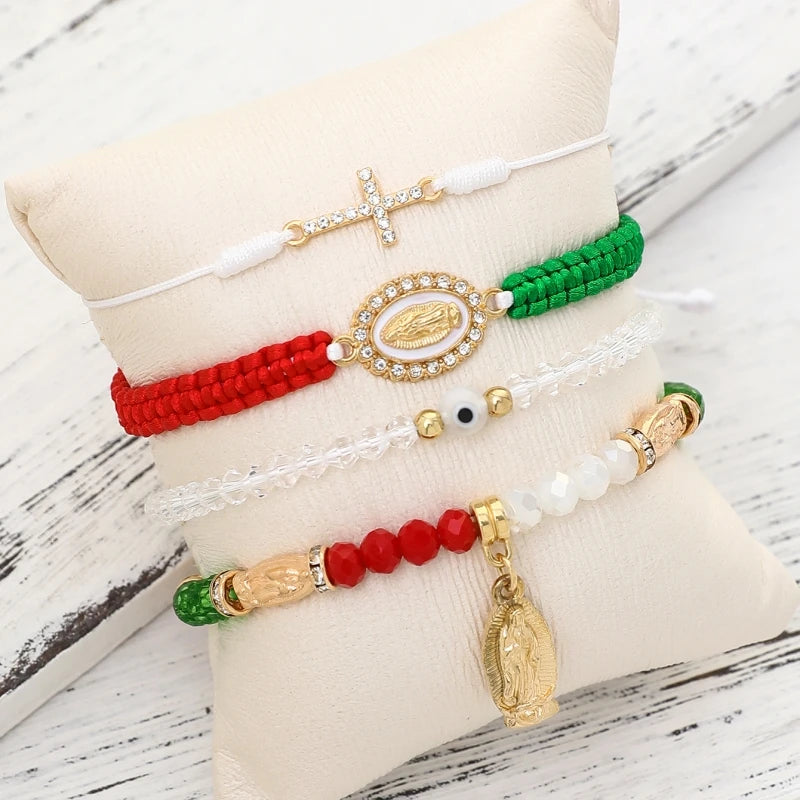 4 Pcs/Set Fashion Mexican Series Cross Virgin Mary Bracelets With Card, Red White Green Braided Bracelet Set For Women Jewelry