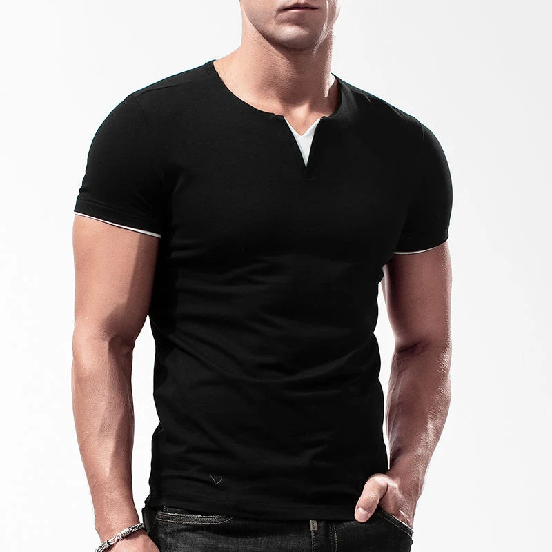 New Mens Short Sleeve Color Match Shirts Cotton Slim Fit Large V Neck TShirt Fitness Jogging Basic Crew Neck Tops