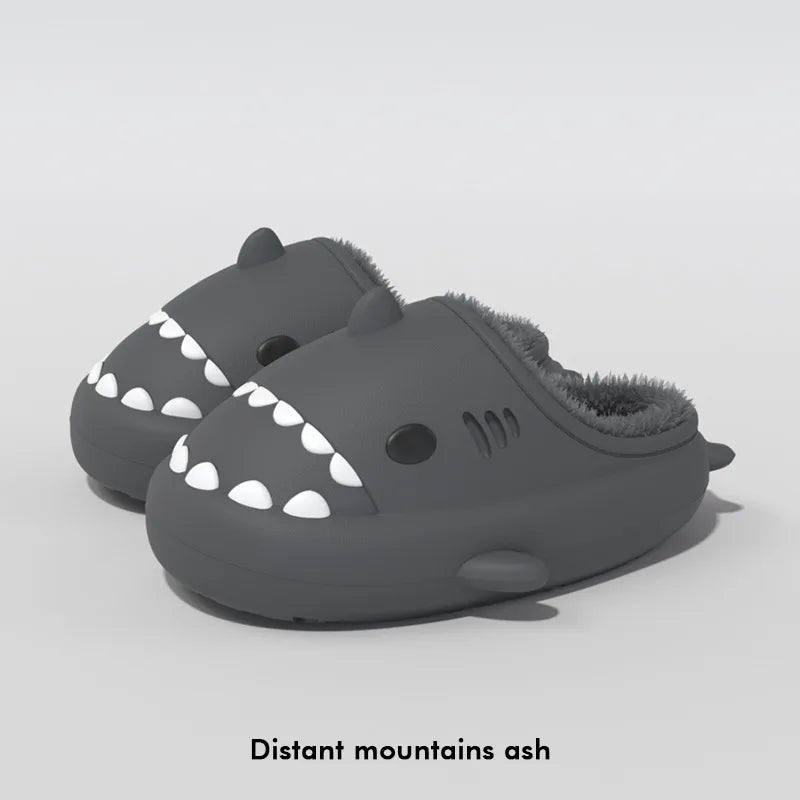 Comwarm Plush Shark Slippers For Women Men Winter Warm Cartoon Cotton Slippers Couple Non-Slip Waterproof Outdoor Home Shoes