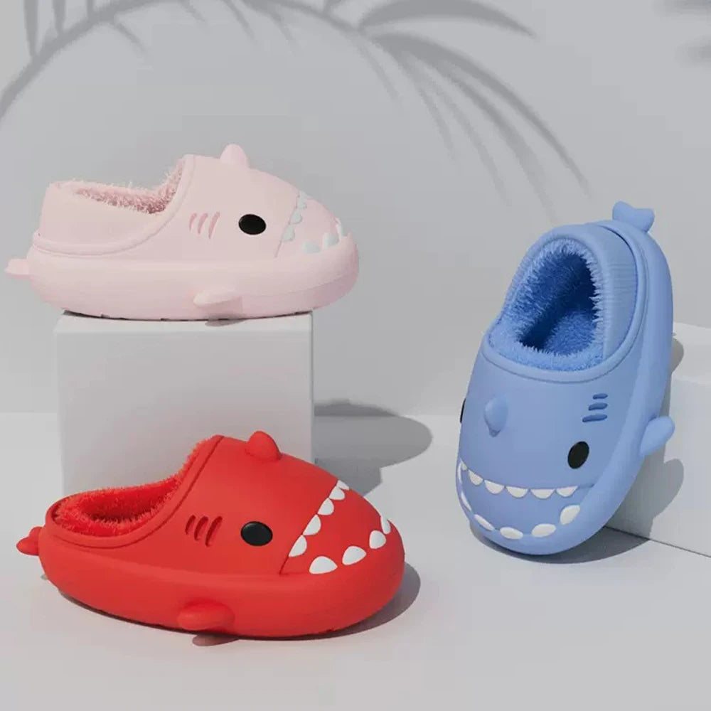 Comwarm Plush Shark Slippers For Women Men Winter Warm Cartoon Cotton Slippers Couple Non-Slip Waterproof Outdoor Home Shoes