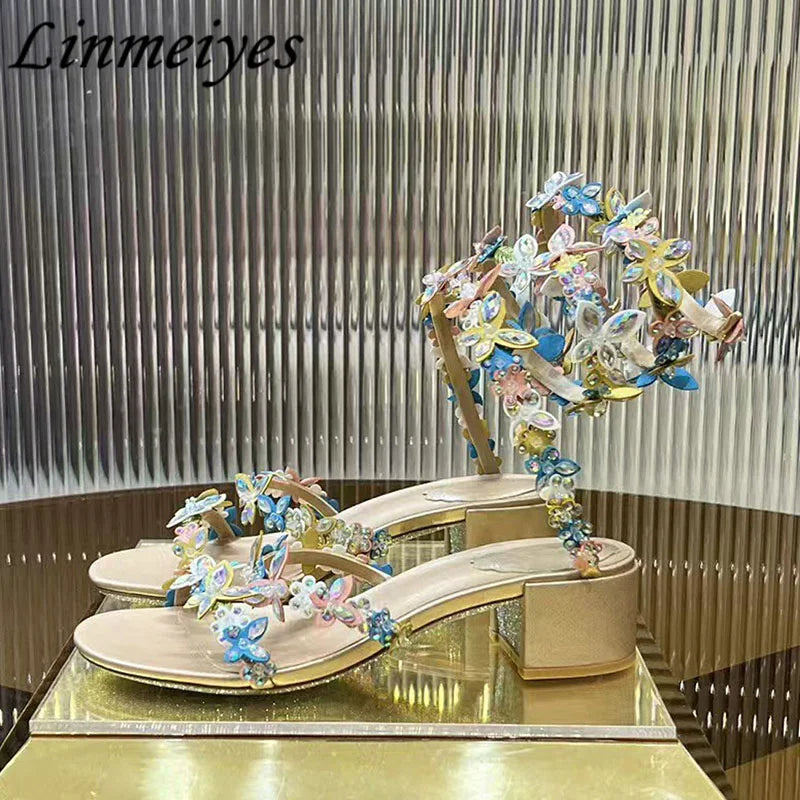 Sexy High Heels Sandals Woman Crystal Flower Snake Twine Around Ankle Strap Wedding Shoes Summer Gladiator Sandals Women