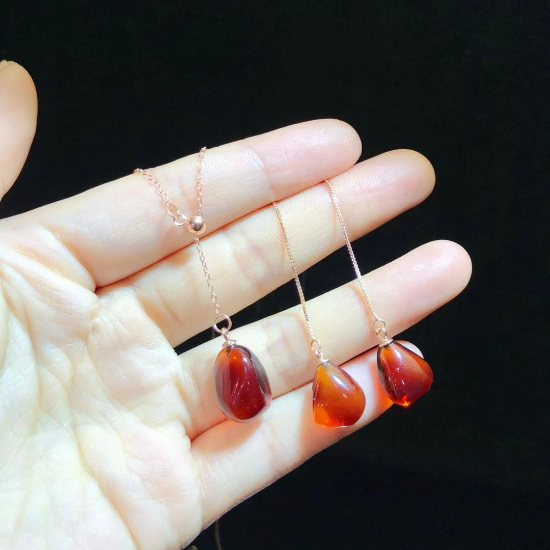 925 Silver Mexican Natural Red Blue Amber Jewelry Set Certificate 18K Rose Gold Teardrop Ear Thread Long Dangle Earring Necklace