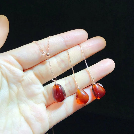 925 Silver Mexican Natural Red Blue Amber Jewelry Set Certificate 18K Rose Gold Teardrop Ear Thread Long Dangle Earring Necklace