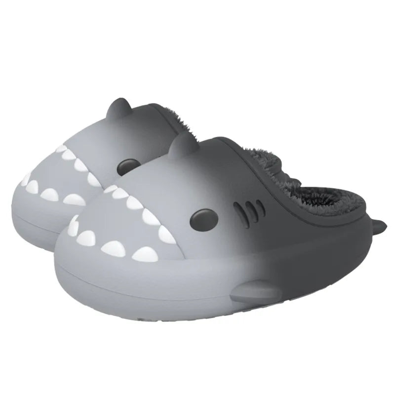 Comwarm Plush Shark Slippers For Women Men Winter Warm Cartoon Cotton Slippers Couple Non-Slip Waterproof Outdoor Home Shoes