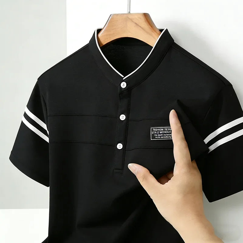 2026 Men's Mandarin Collar Polo Shirt Contrast Striped Short Sleeve Slim Fit Casual Daily Top