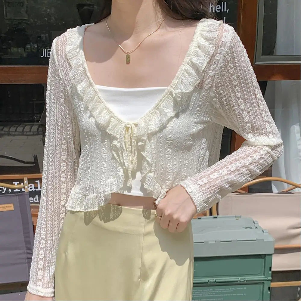 New Lace Ruffle Summer Sexy Long Sleeve Tops Girl's Sun Protection Clothing Women Crop Tops Lace Bow Ruffle Shirt Tops For Woman